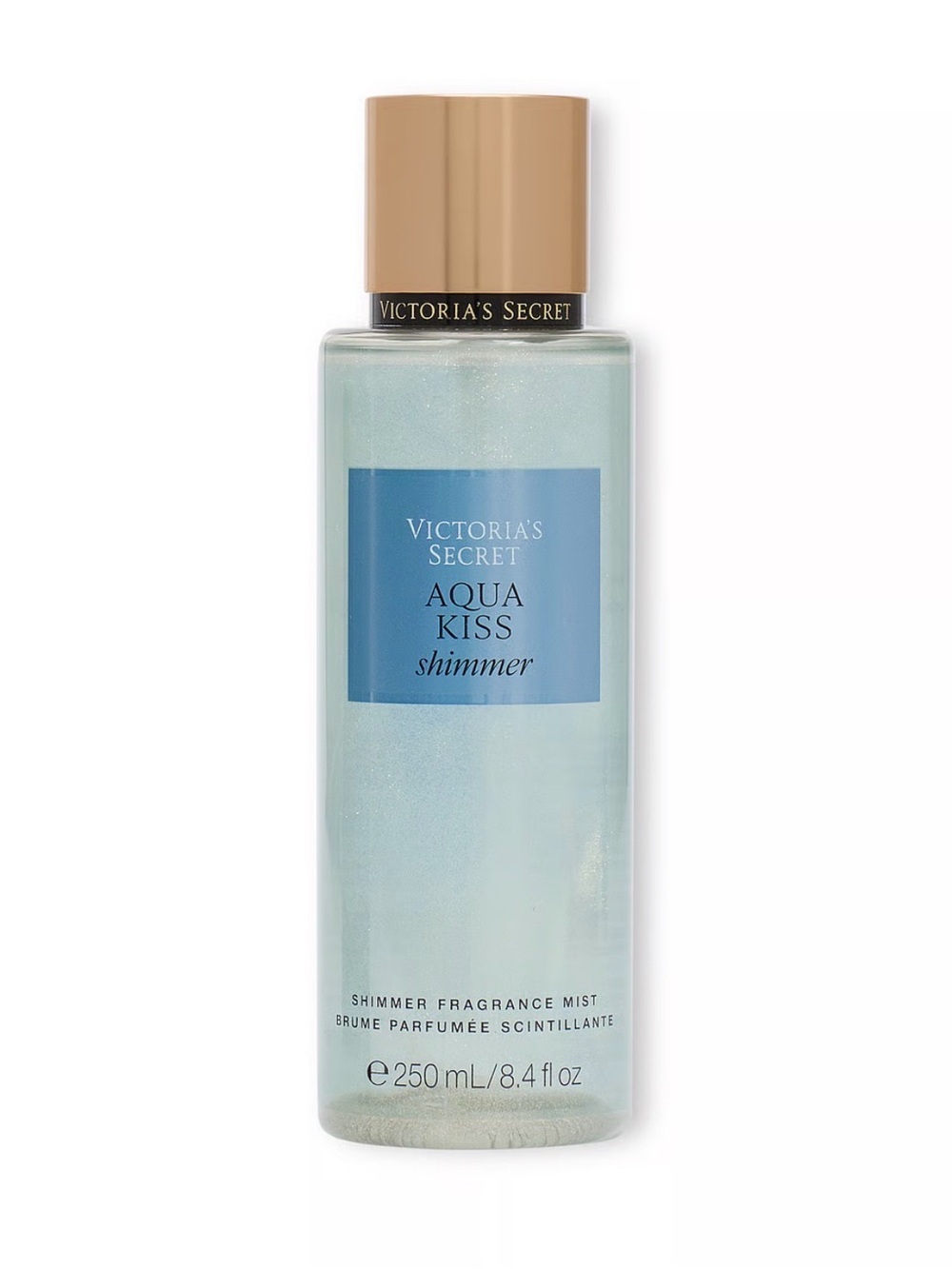 Victoria's Secret Aqua Kiss Shimmer Body Mist - Light Blue Bottle with Gold Cap